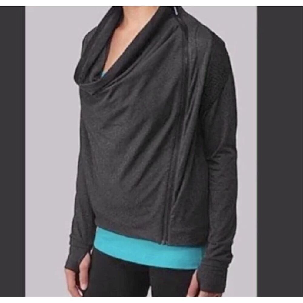 Lululemon Asymmetrical Zip Up Jacket Size 8 Dark Gray Cowl Neck Pockets Stretch